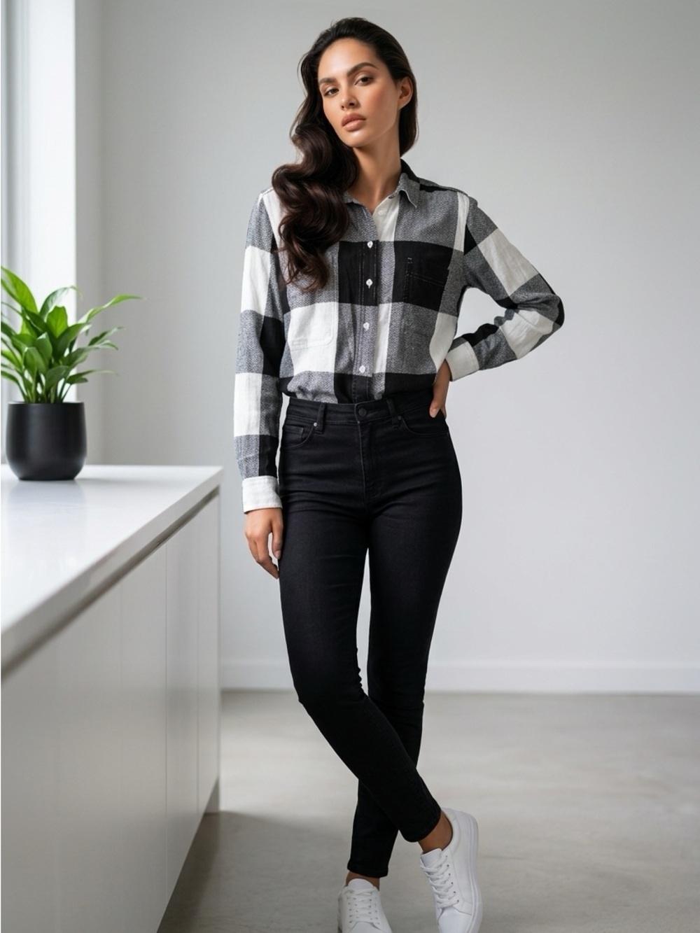 Loft Plaid Black, Gray & White Long-sleeve